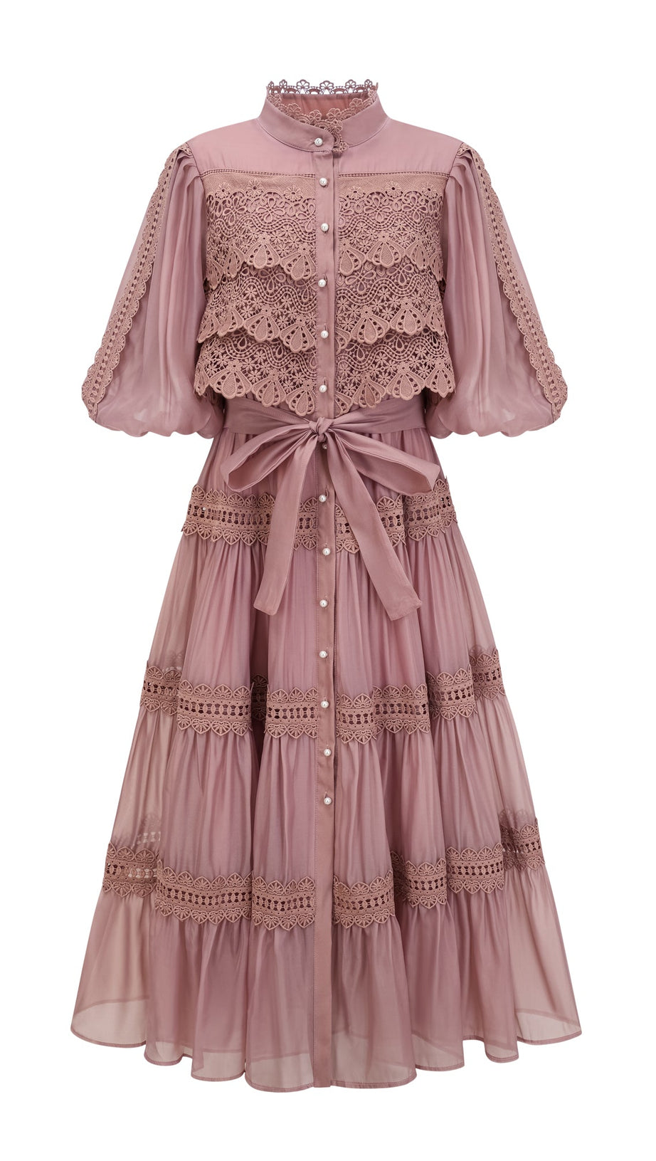 INÈS LACE CUT-OUT TIERED MIDI DRESS