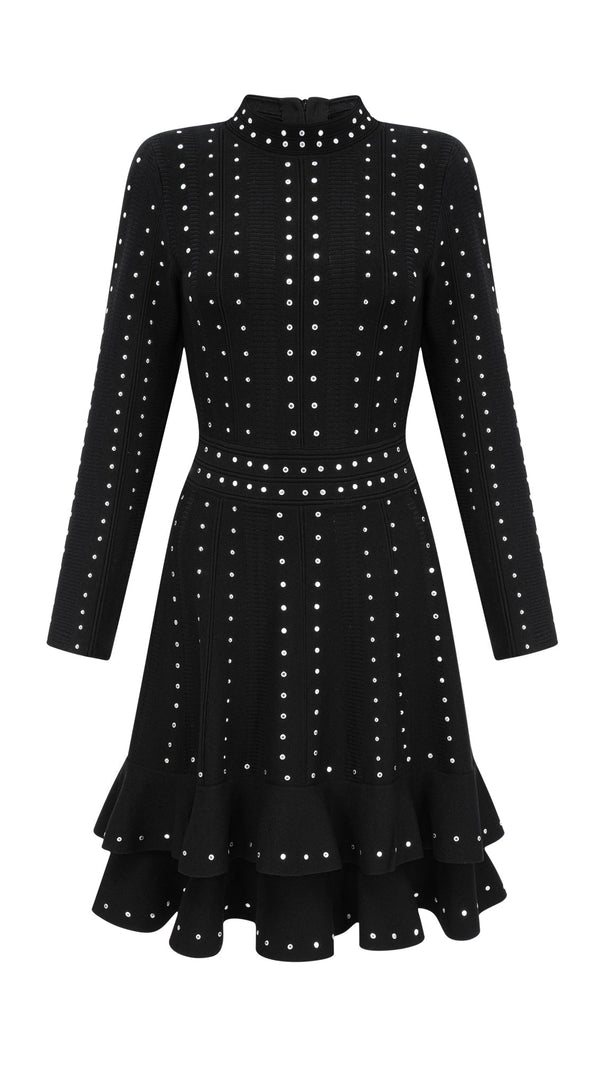 Fabienne – Schwarzes, verziertes, gerüschtes Strick-Minikleid 