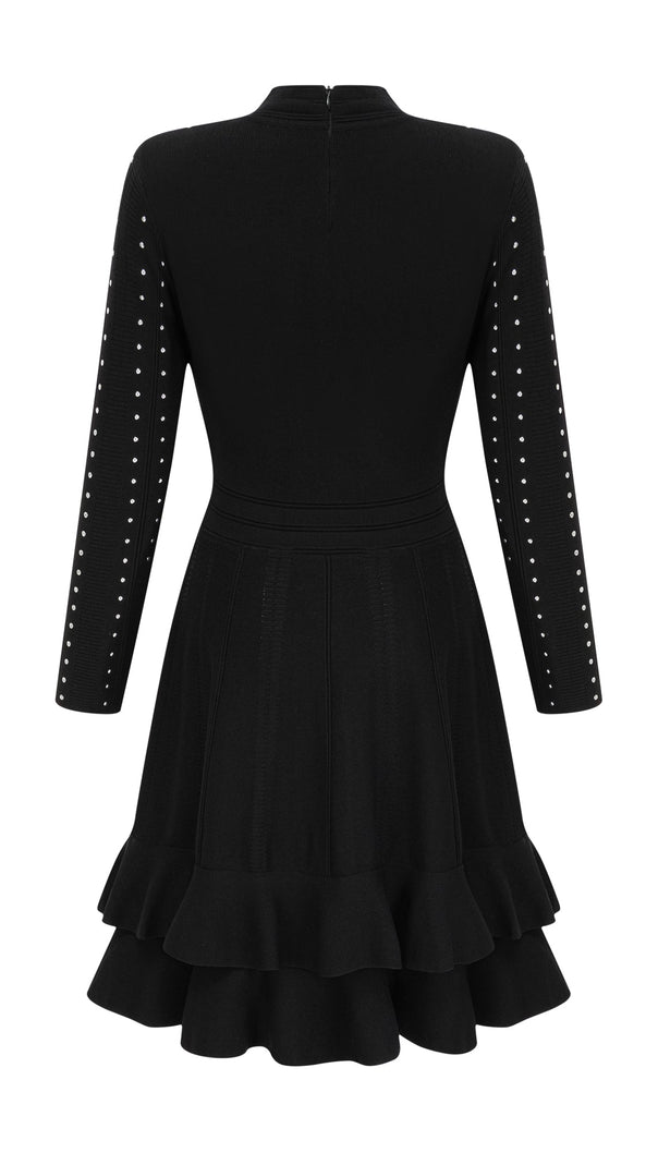 Fabienne – Schwarzes, verziertes, gerüschtes Strick-Minikleid 