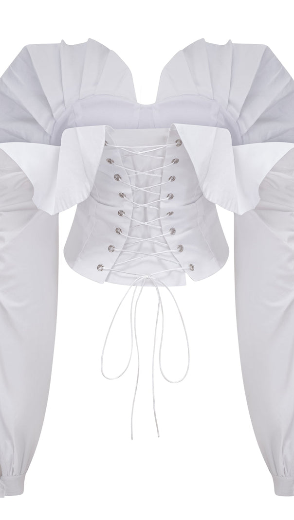 AIIZIE tiffany White off-shoulder Ruched Blouse & Skirt Set - product image