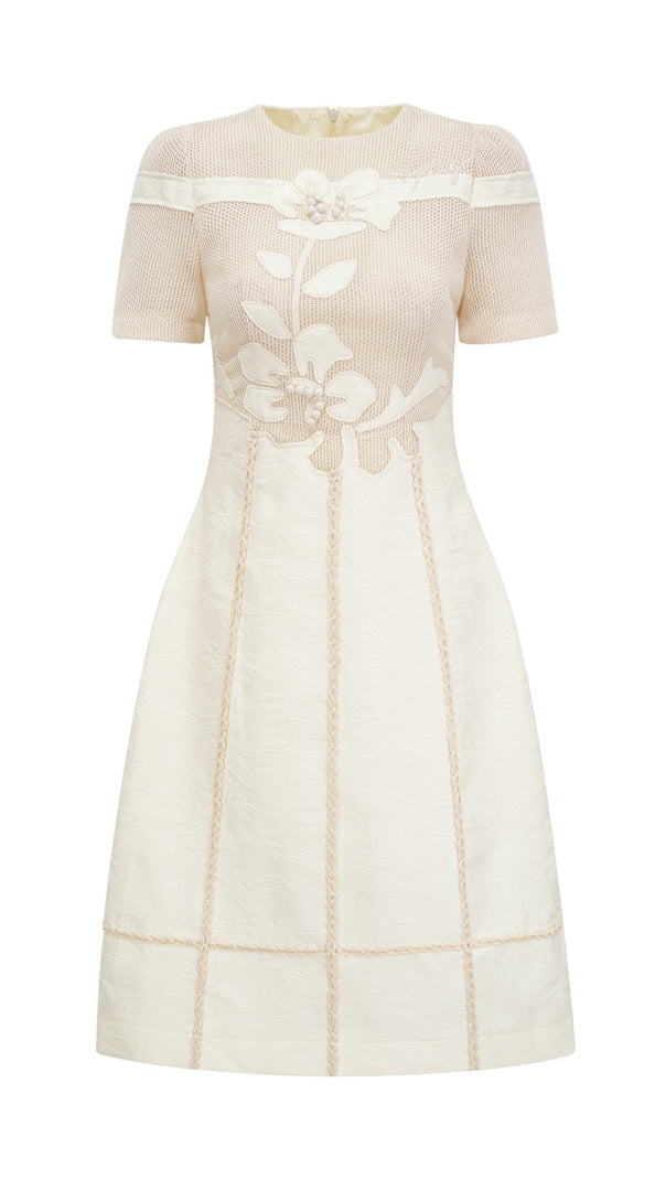 hermosa 3d floral embroidered hollow midi dress in apricot