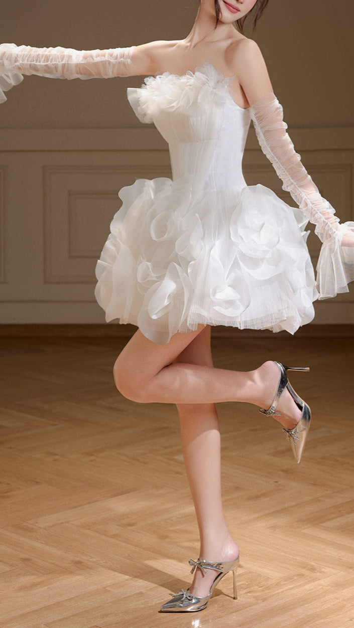 AIIZIE NOAH FIT AND FLARE FLOWER APPLIQUE ORGANZA MINI DRESS IN WHITE - product image