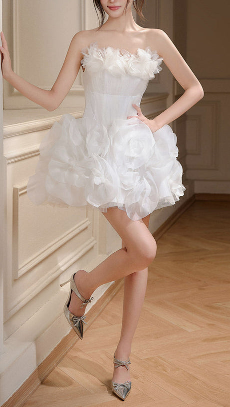 NOAH FIT AND FLARE FLOWER APPLIQUE ORGANZA MINI DRESS IN WHITE