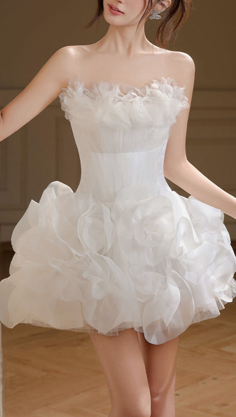 NOAH FIT AND FLARE FLOWER APPLIQUE ORGANZA MINI DRESS IN WHITE