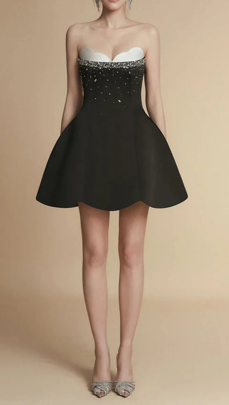 FIT AND FLARE SEMI-HEART NECK TAFFETA MINI DRESS