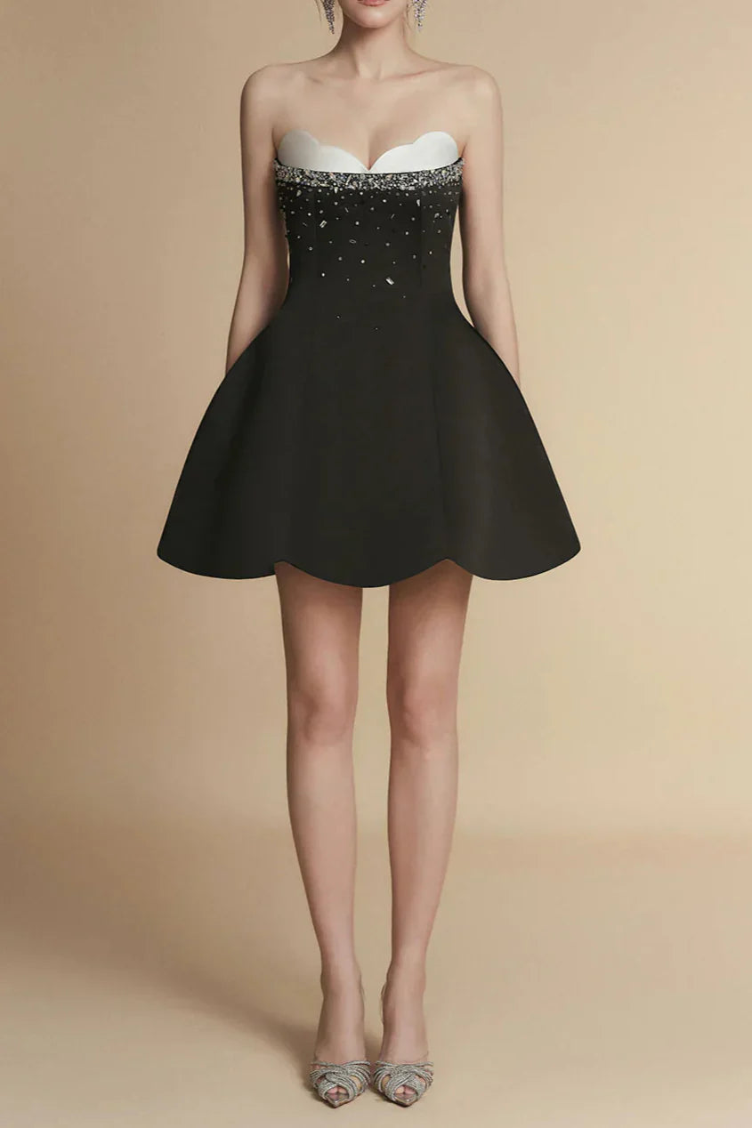 FIT AND FLARE SEMI-HEART NECK TAFFETA MINI DRESS