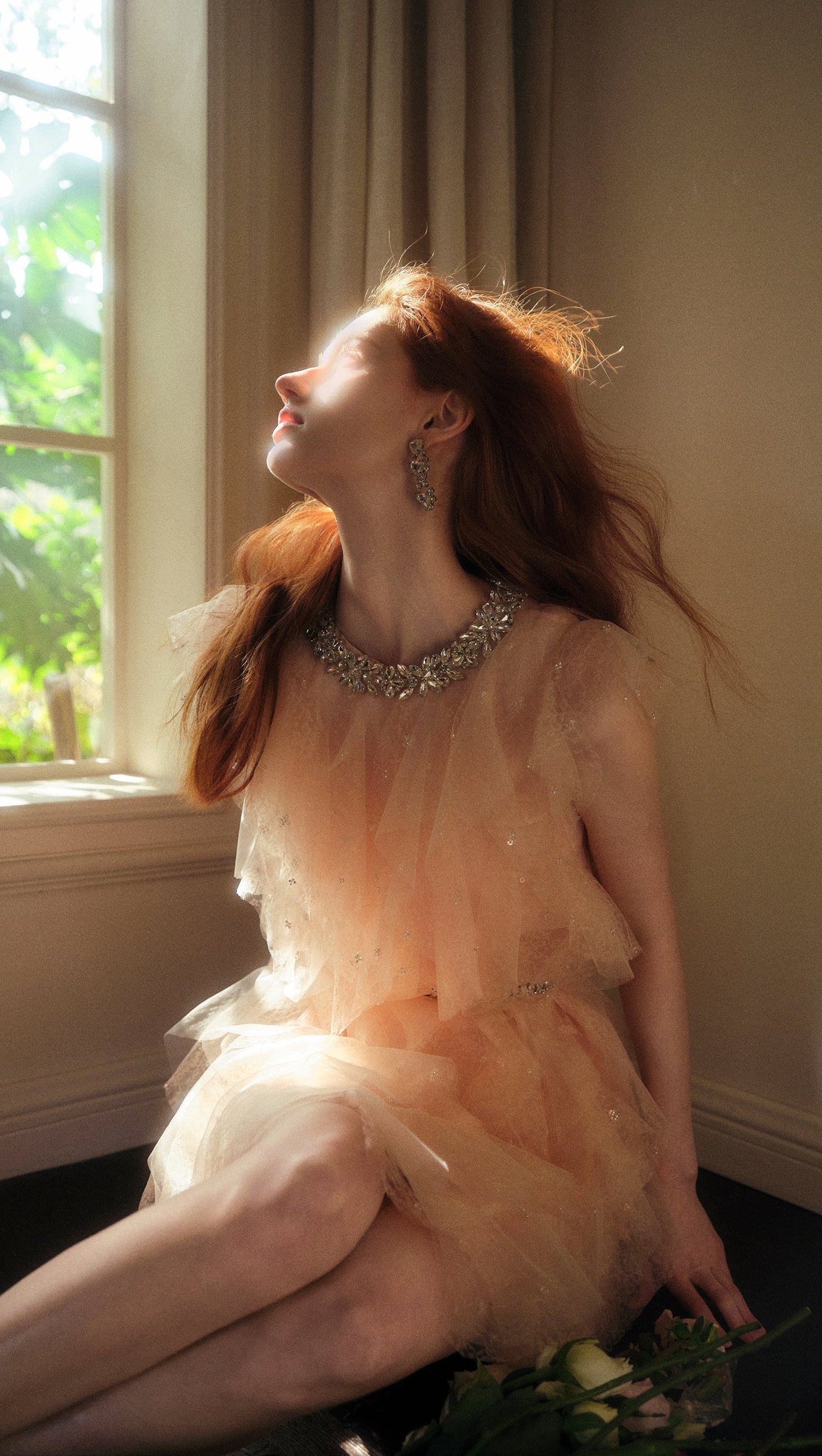 CRYSTAL EMBELLISHED RUFFLE MINI DRESS IN PALE PINK