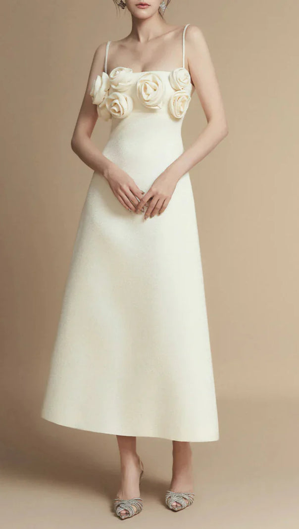 AIIZIE A-LINE FLOWER APPLIQUE LINEN RAYON MIDI DRESS - product image