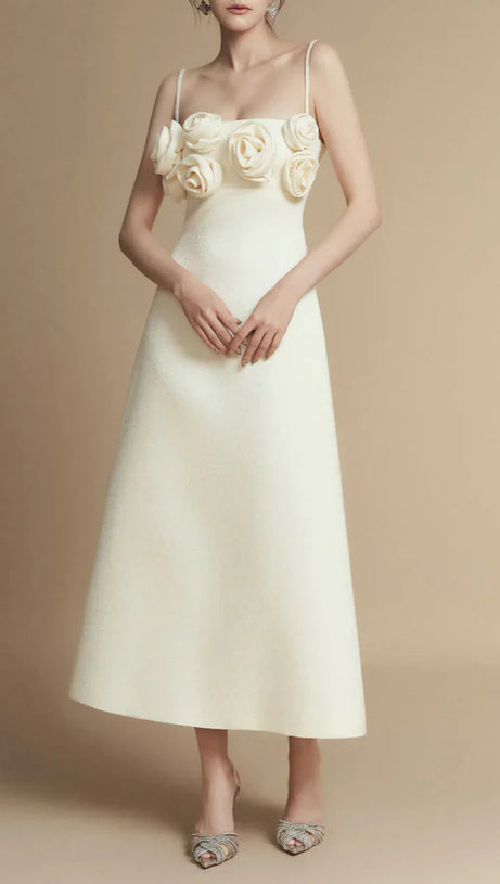 A-Linien-Midikleid aus Leinen-Viskose mit Blumenapplikation