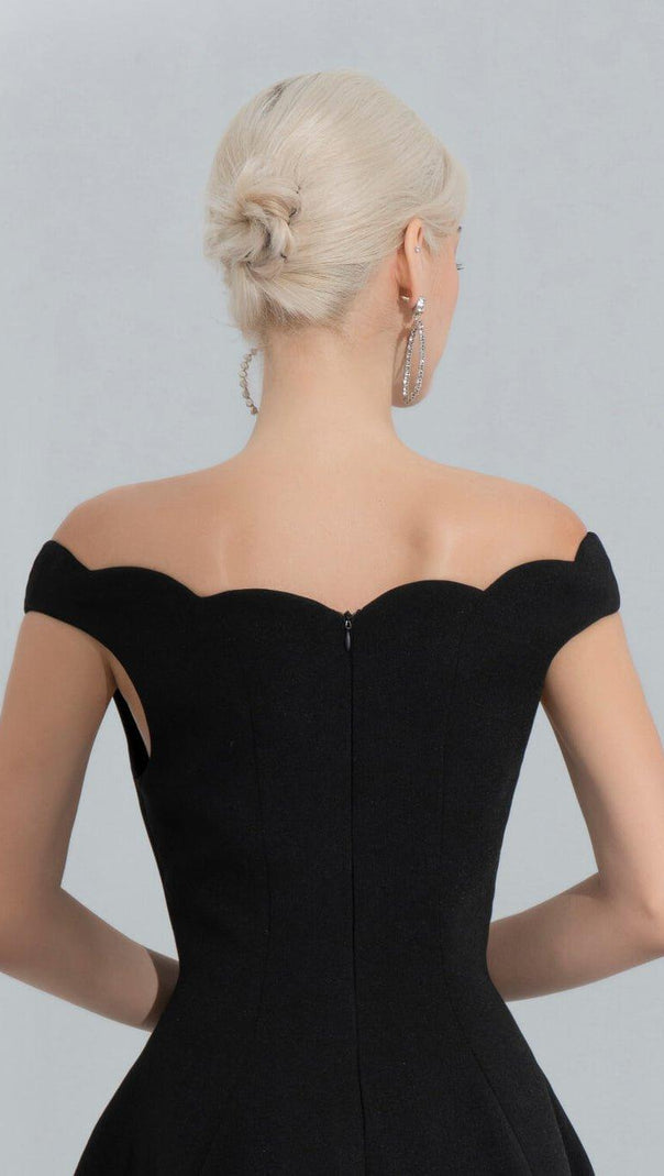 AIIZIE BLACK OFF-SHOULDER SCALLOPED NECKLINE SLIT MIDI DRESS - product image