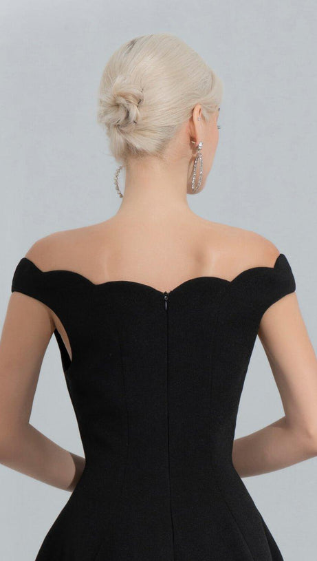 BLACK OFF-SHOULDER SCALLOPED NECKLINE SLIT MIDI DRESS