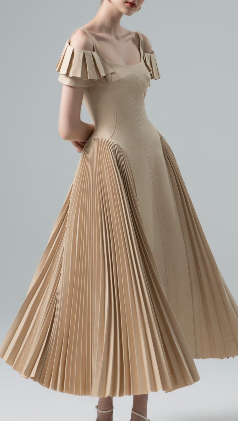 mandy Khaki Sapphi Off-shoulder Midi Dress