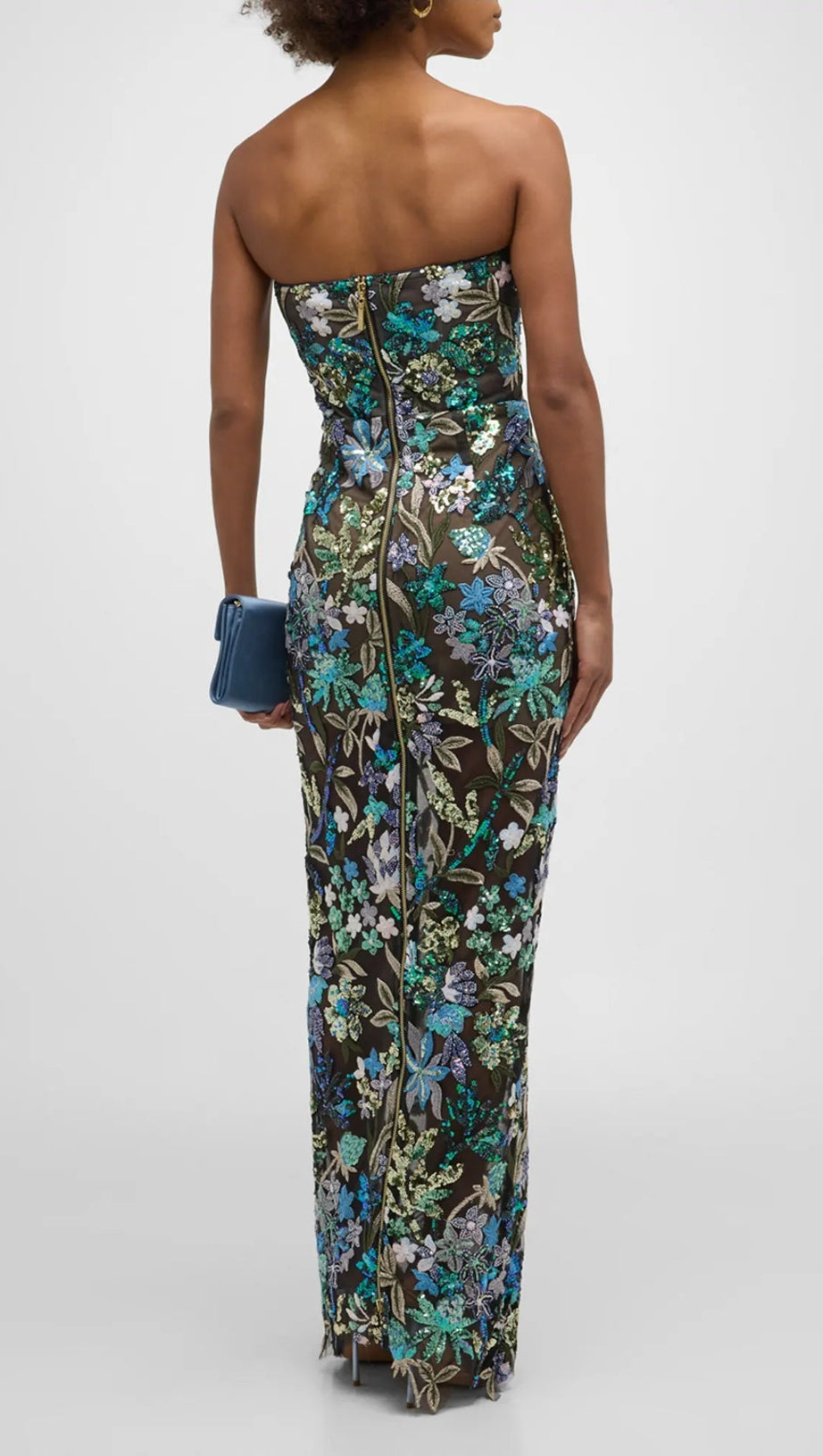 STRAPLESS FLORAL-EMBELLISHED COLUMN GOWN
