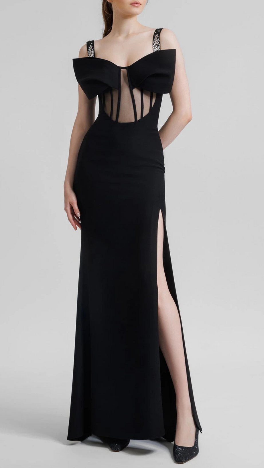 DANCIS SEE-THROUGH CORSET MAXI DRESS - BLACK