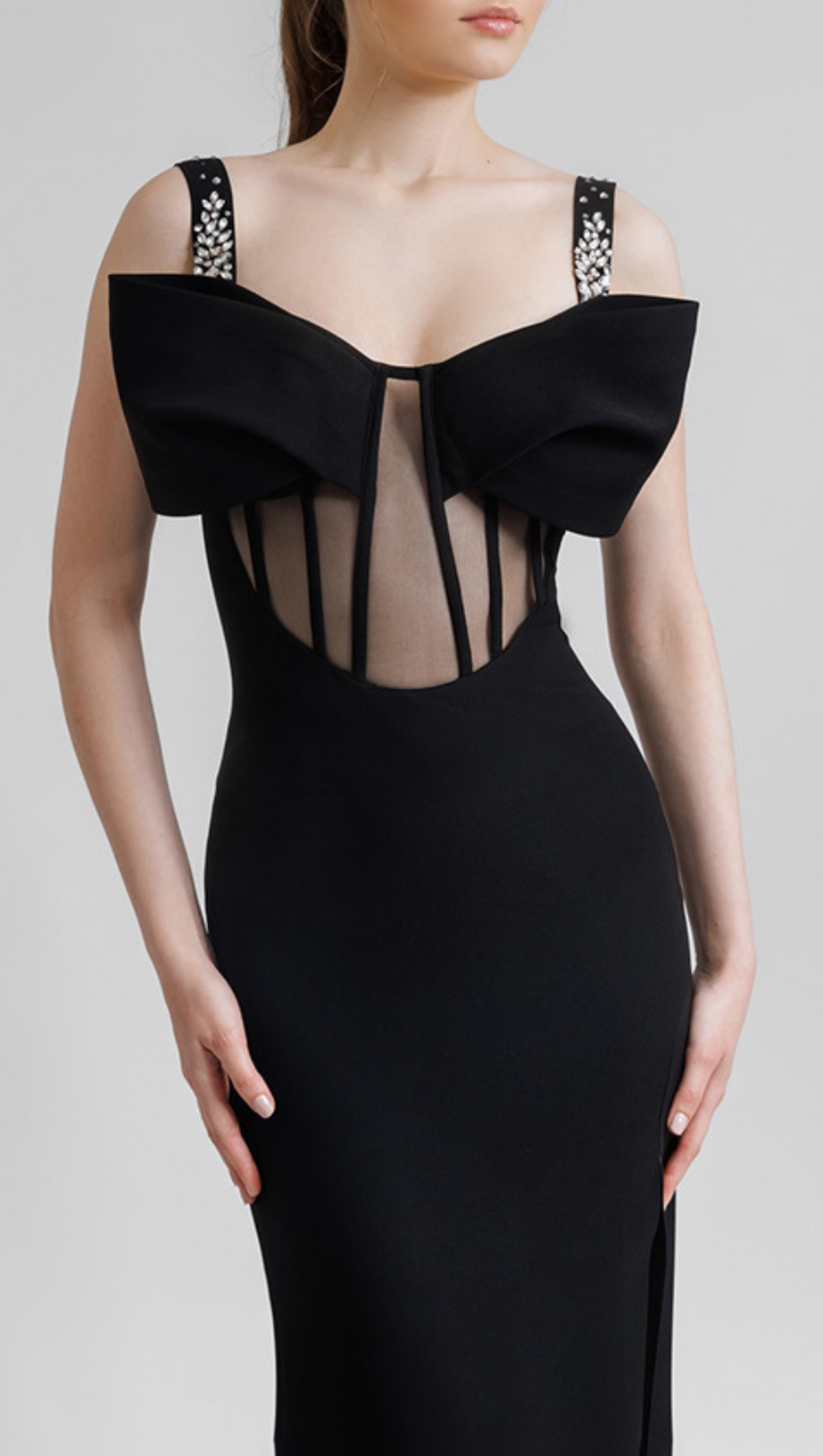 DANCIS SEE-THROUGH CORSET MAXI DRESS - BLACK