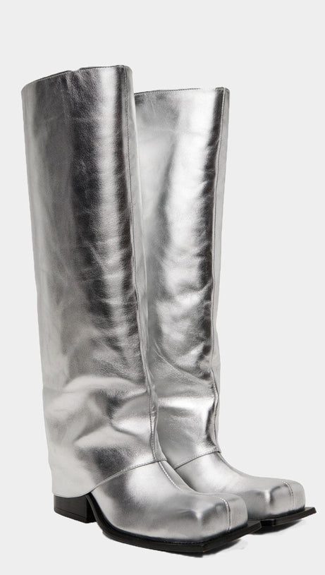 Danika – Metallic-Hosenstiefel mit klobigem Absatz – Silber