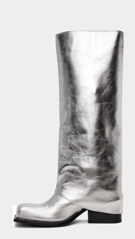 Danika – Metallic-Hosenstiefel mit klobigem Absatz – Silber