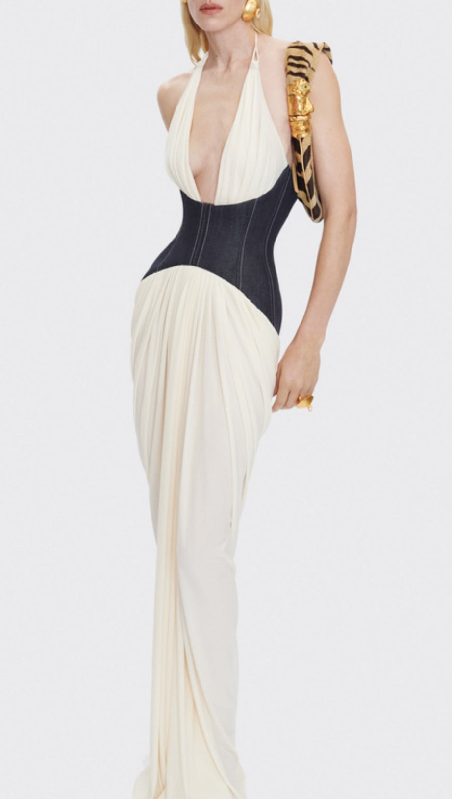 DARYLE HALTER DENIM CORSET RUCHED MAXI DRESS