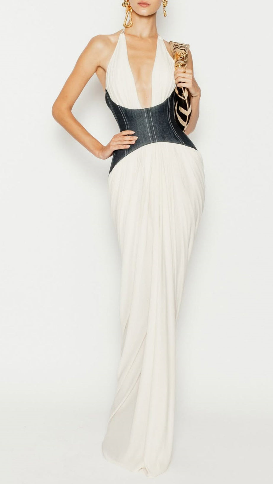 DARYLE HALTER DENIM CORSET RUCHED MAXI DRESS