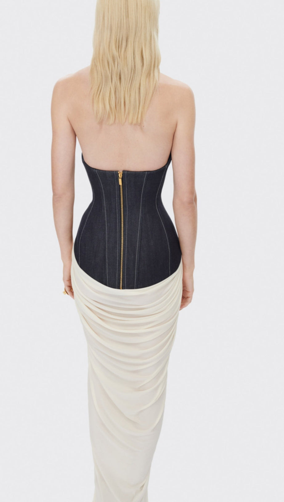 DARYLE HALTER DENIM CORSET RUCHED MAXI DRESS