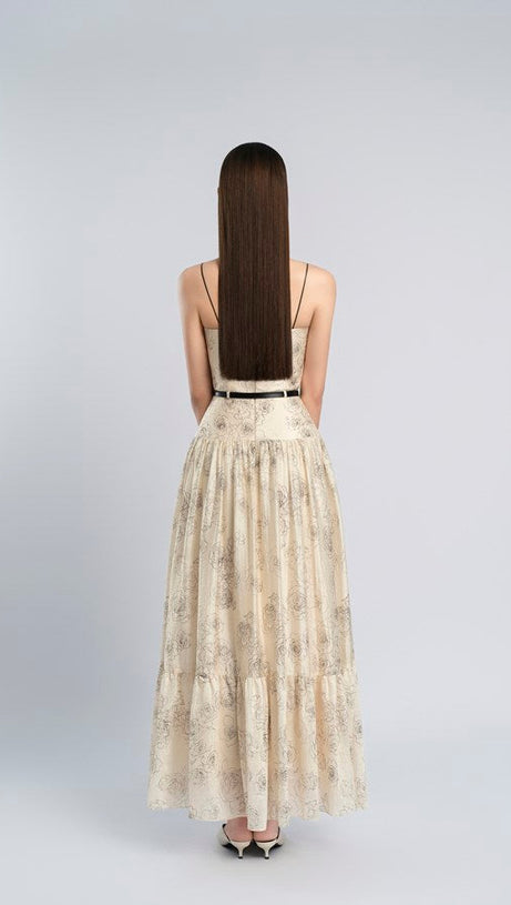 FLORAL PRINT FLARED SILHOUETTE MAXI DRESS