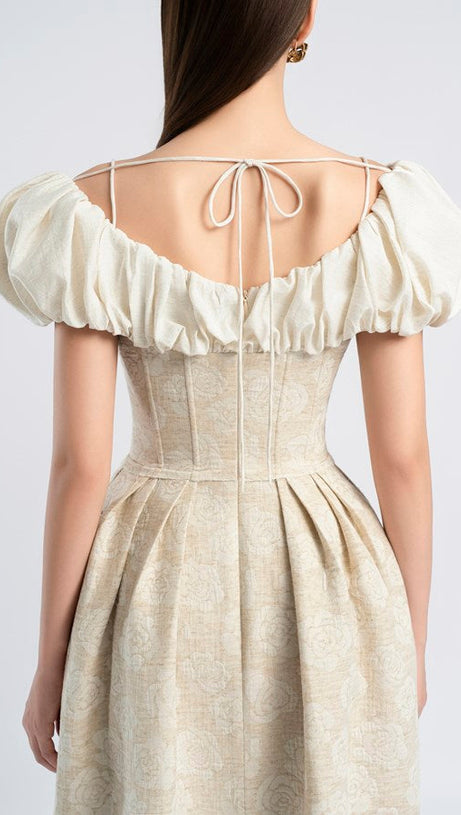 BOAT NECK CORSET MAXI DRESS IN BEIGE