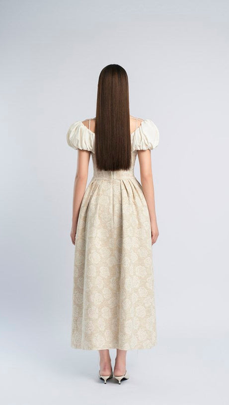 BOAT NECK CORSET MAXI DRESS IN BEIGE