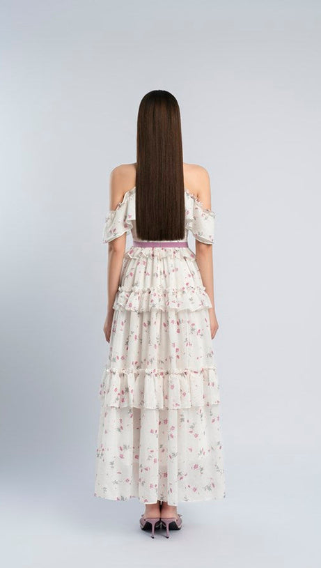 FLORAL PRINT BOW COLLAR RUFFLE FLARED MAXI DRESS