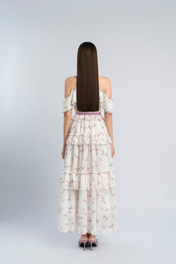 AIIZIE FLORAL PRINT BOW COLLAR RUFFLE FLARED MAXI DRESS - product image