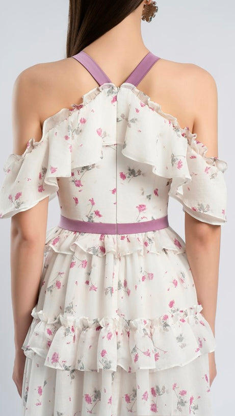 FLORAL PRINT BOW COLLAR RUFFLE FLARED MAXI DRESS