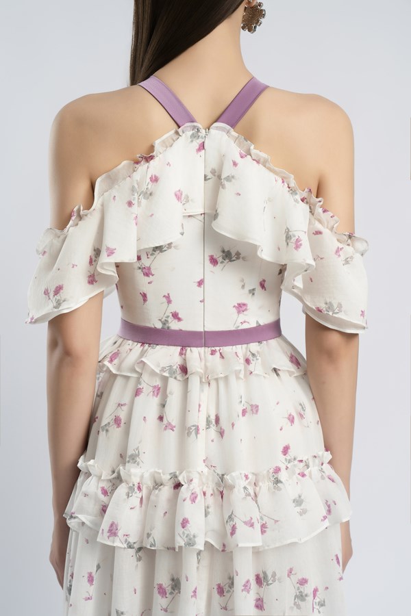 AIIZIE FLORAL PRINT BOW COLLAR RUFFLE FLARED MAXI DRESS - product image