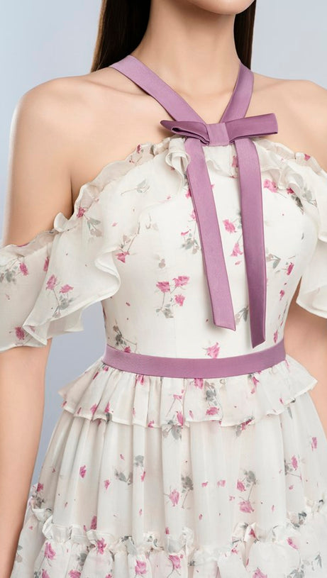 FLORAL PRINT BOW COLLAR RUFFLE FLARED MAXI DRESS