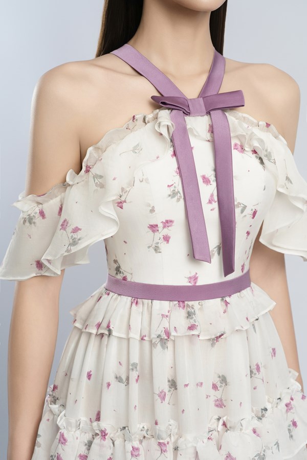 AIIZIE FLORAL PRINT BOW COLLAR RUFFLE FLARED MAXI DRESS - product image