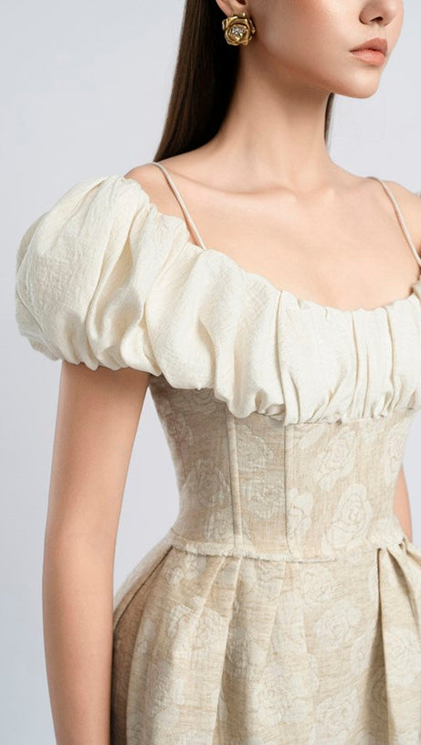 BOAT NECK CORSET MAXI DRESS IN BEIGE