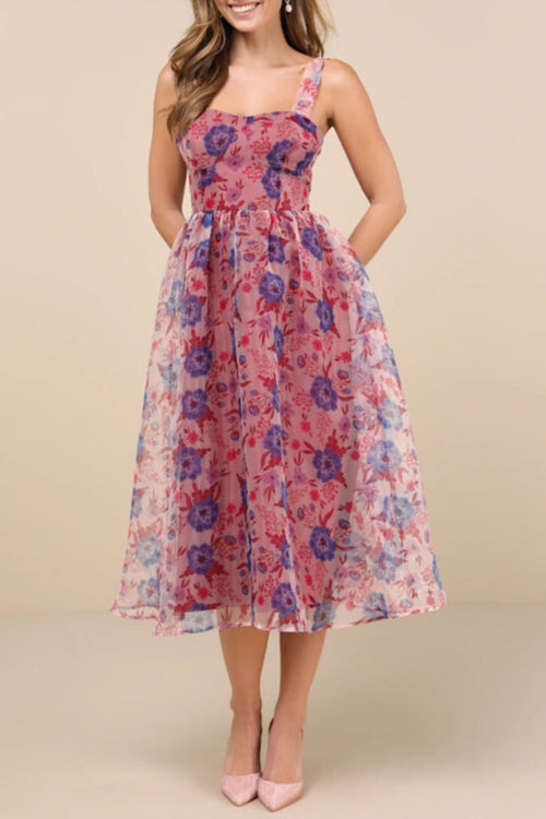 DELIGHTFUL LOOK MAGENTA FLORAL PRINT BUSTIER MIDI SKATER DRESS