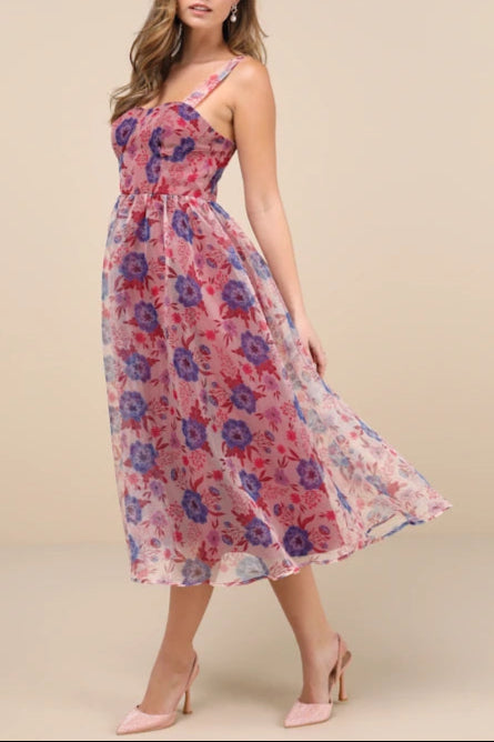 DELIGHTFUL LOOK MAGENTA FLORAL PRINT BUSTIER MIDI SKATER DRESS