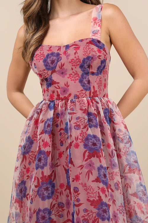 DELIGHTFUL LOOK MAGENTA FLORAL PRINT BUSTIER MIDI SKATER DRESS