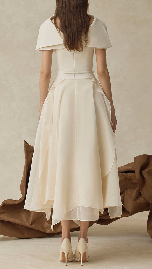 AIIZIE kelly beige Cape Sleeve Ruffle Midi Dress with belt - product image