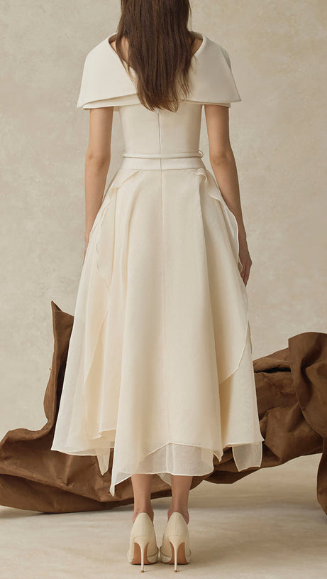 kelly beige Cape Sleeve Ruffle Midi Dress with belt