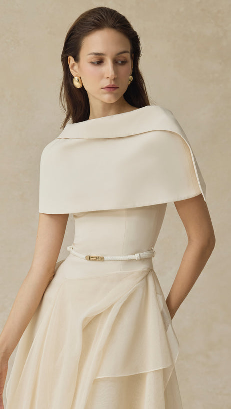 kelly beige Cape Sleeve Ruffle Midi Dress with belt
