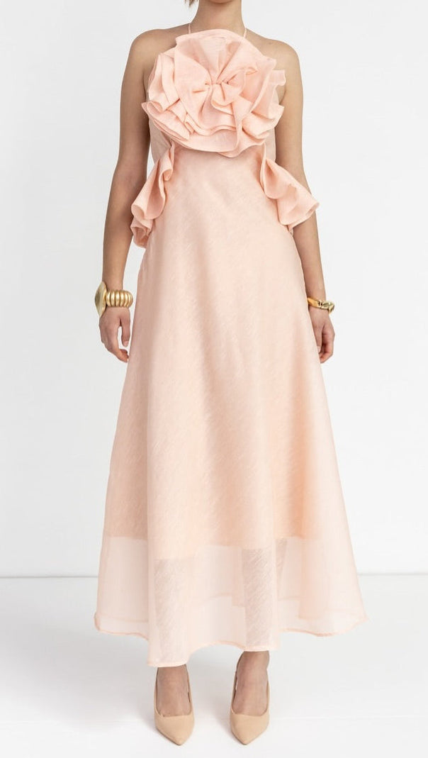 AIIZIE AURORA HALTER NECK RUFFLE MAXI DRESS IN PINK - product image