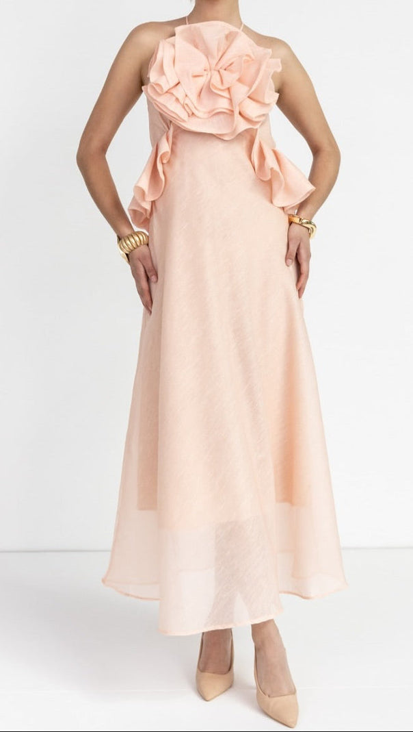 AIIZIE AURORA HALTER NECK RUFFLE MAXI DRESS IN PINK - product image