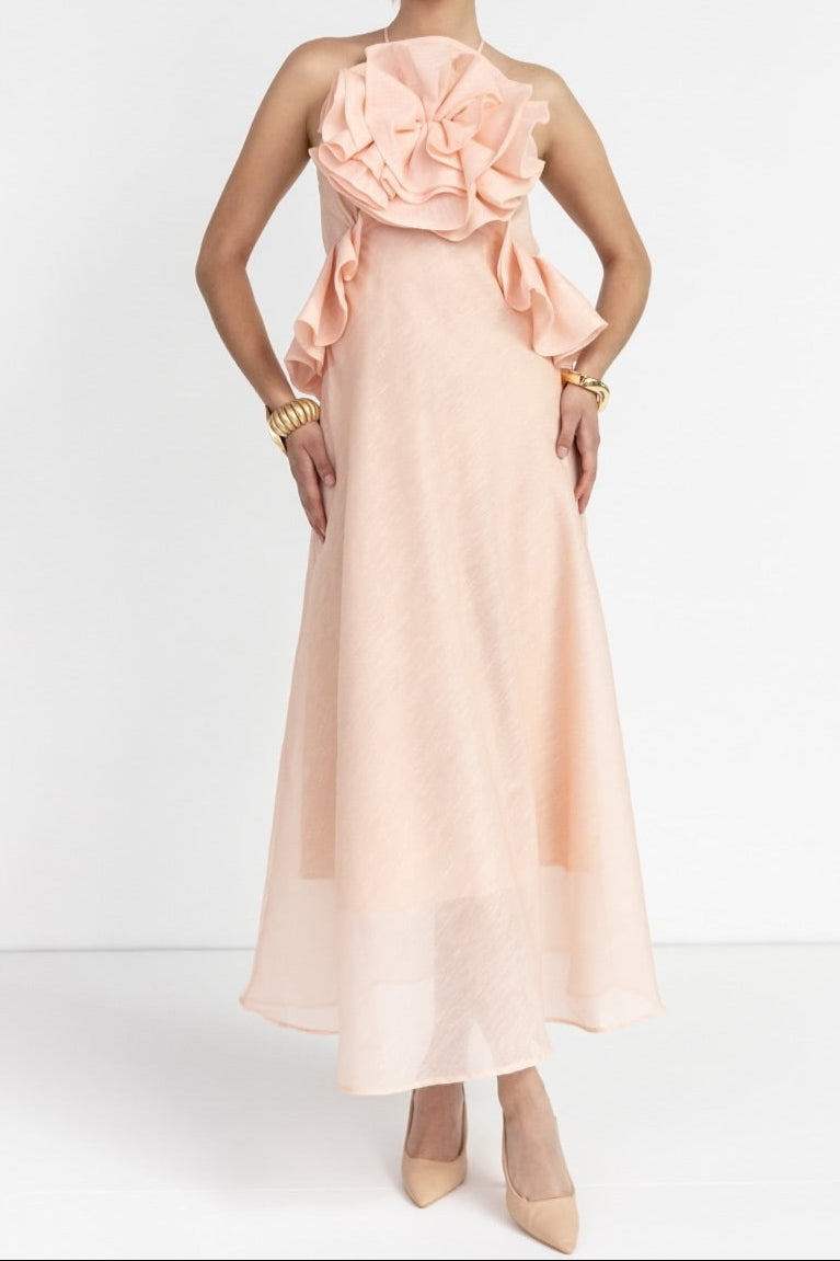 aurora Halter Neck Ruffle Maxi Dress in pink