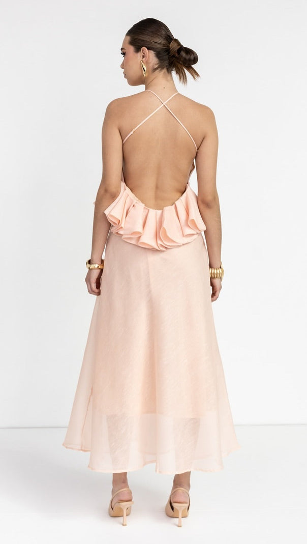 AIIZIE AURORA HALTER NECK RUFFLE MAXI DRESS IN PINK - product image