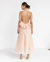 aurora Halter Neck Ruffle Maxi Dress in pink