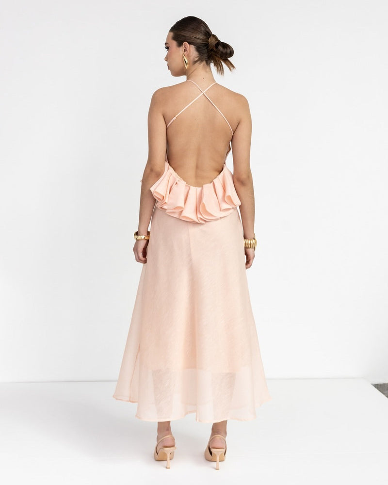 aurora Halter Neck Ruffle Maxi Dress in pink