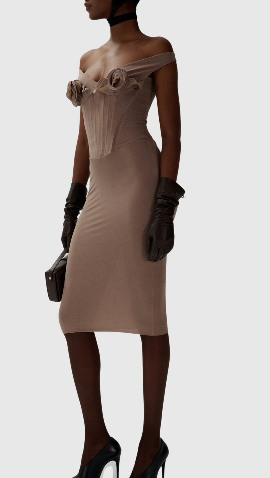 DINELLA FLORAL APPLIQUÉ CORSET MIDI DRESS IN GREY