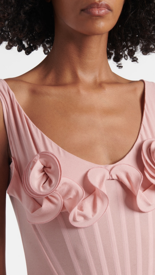 AIIZIE DINELLA FLORAL APPLIQUÉ CORSET MIDI DRESS IN PINK - product image