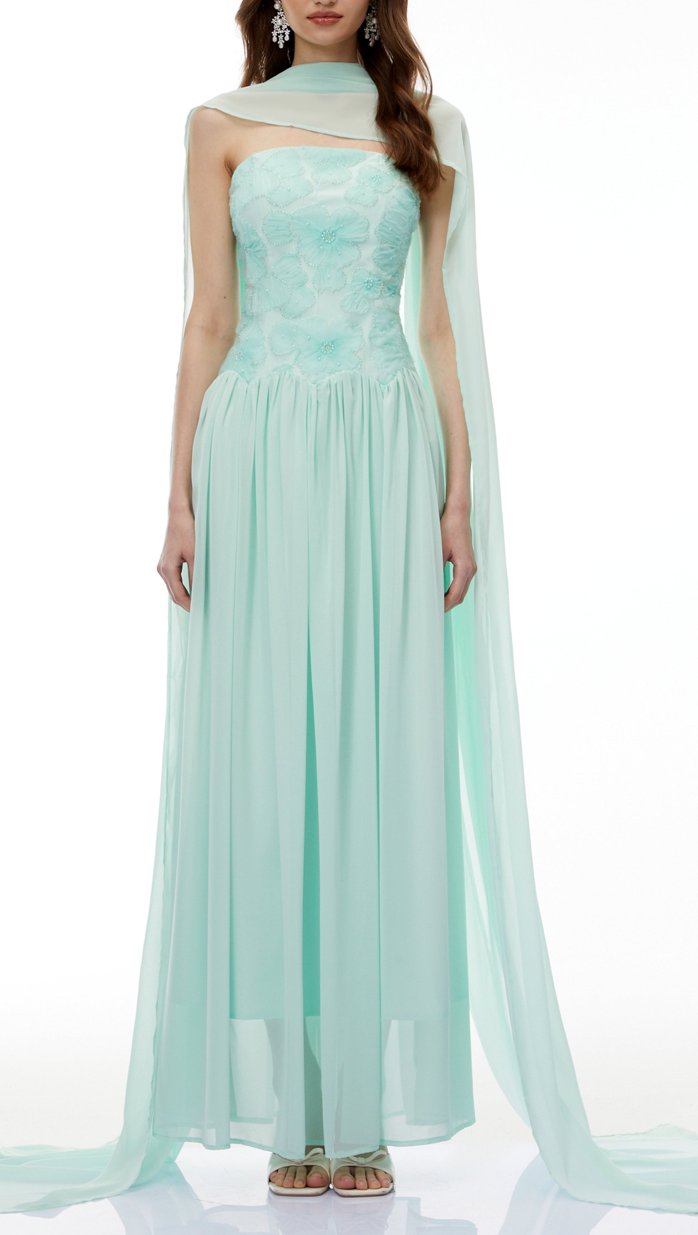 rebecca Green Floral Embroidered Pleated Maxi Dress