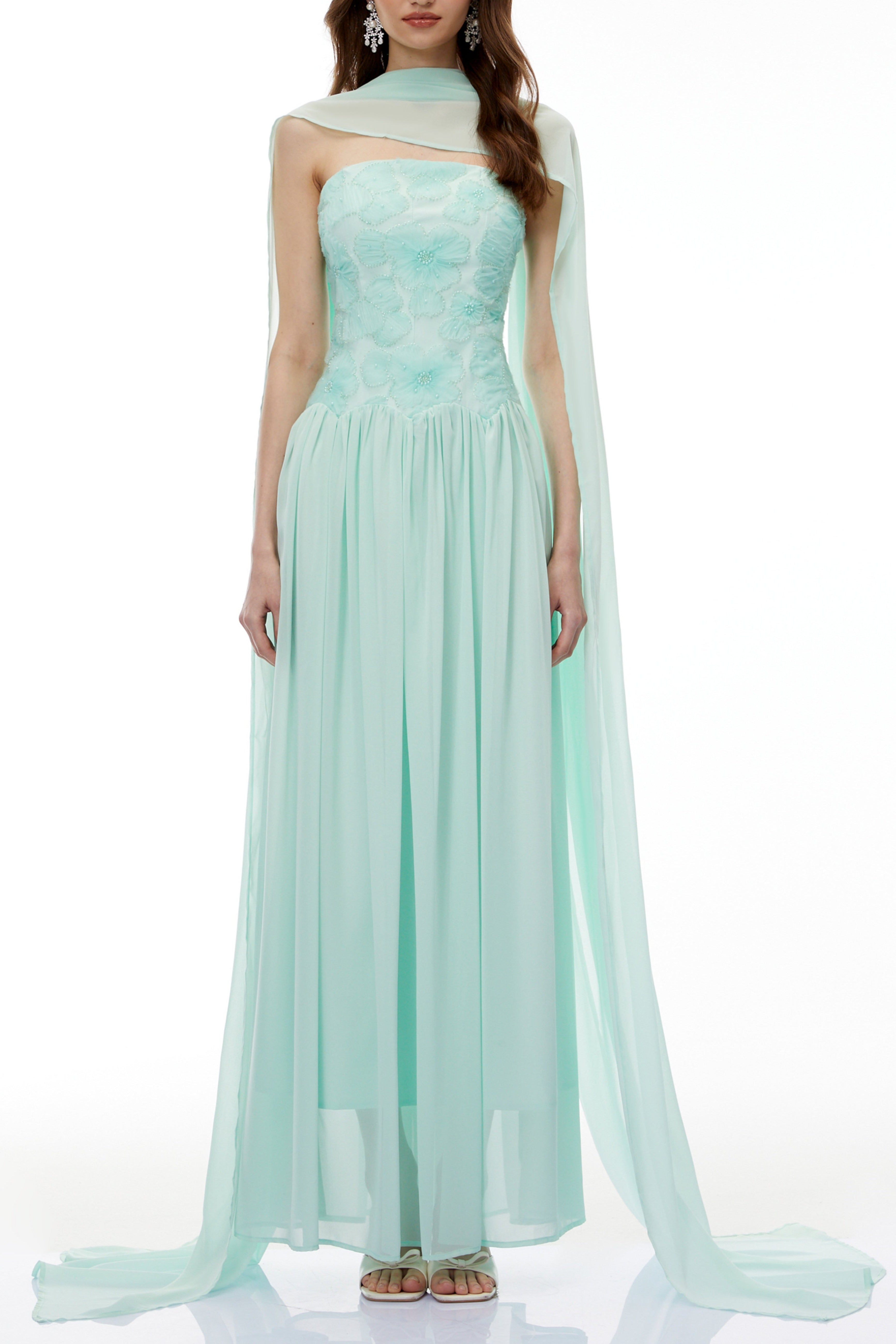 rebecca Green Floral Embroidered Pleated Maxi Dress